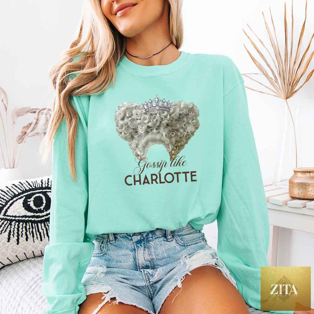 Long sleeve T-shirt from Adorb Custom Tees featuring Gossip Like Charlotte design on Comfort Colors fabric, ideal for BookTok fans.