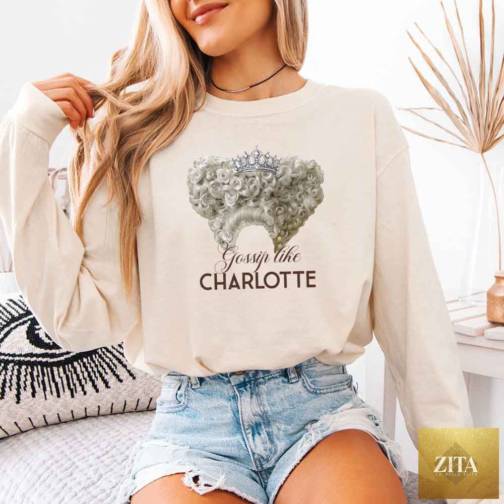Ivory long sleeve shirt by Adorb Custom Tees featuring Gossip Like Charlotte Comfort Colors design, perfect for book lovers and fiction fans.