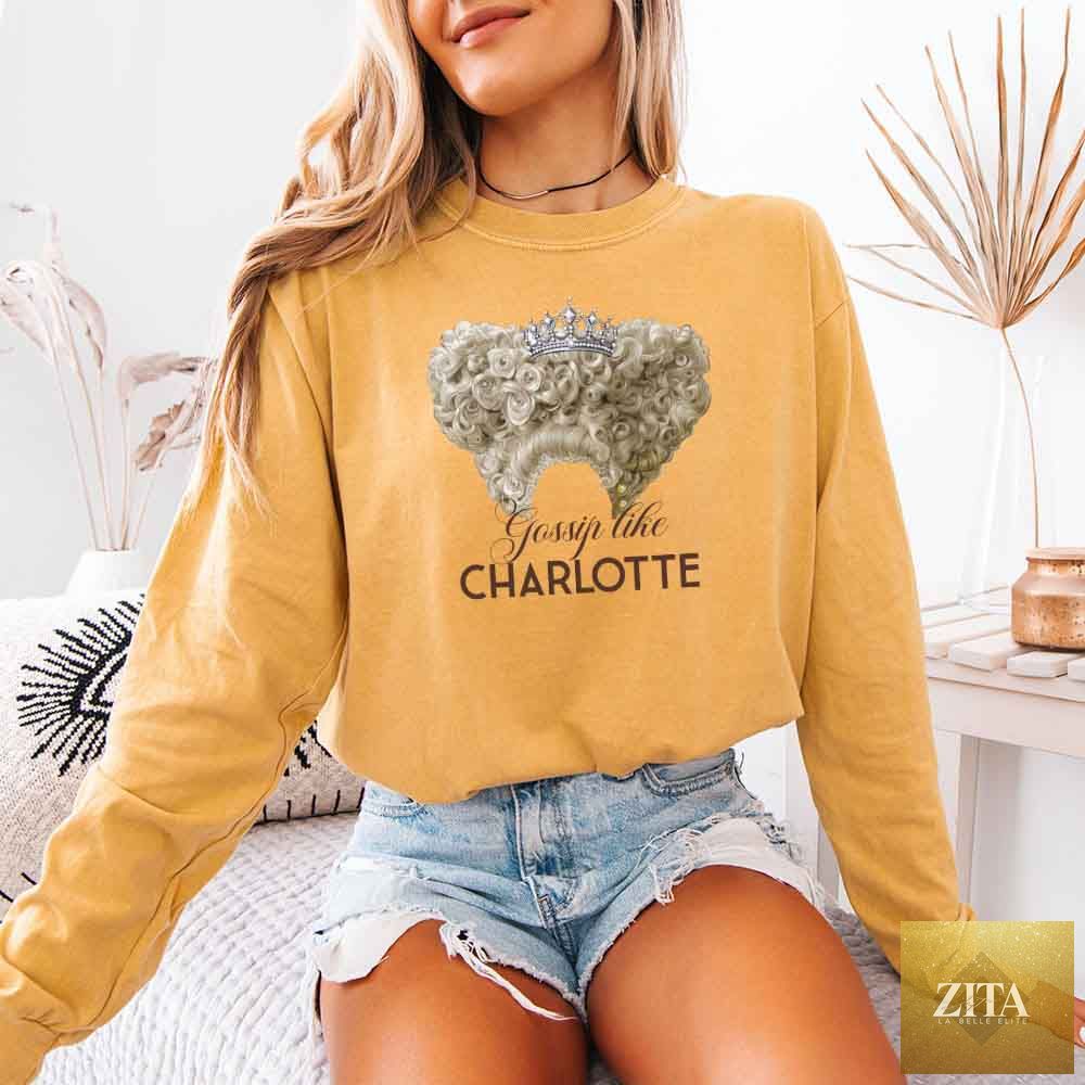 Mustard long sleeve shirt featuring Gossip Like Charlotte design by Adorb Custom Tees, perfect for Historical Fiction BookTok fans.