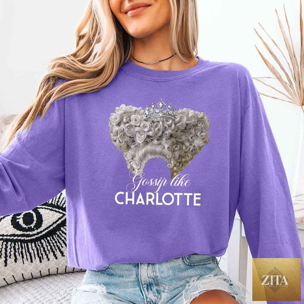 Violet long sleeve shirt featuring Gossip Like Charlotte Comfort Colors branding, perfect for book lovers and TikTok fans.