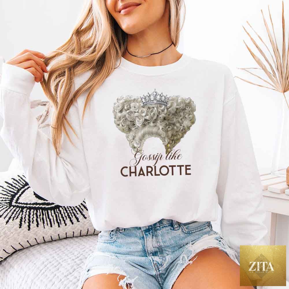 White Comfort Colors long sleeve shirt featuring Gossip Like Charlotte design, perfect for Historical Fiction BookTok fans.