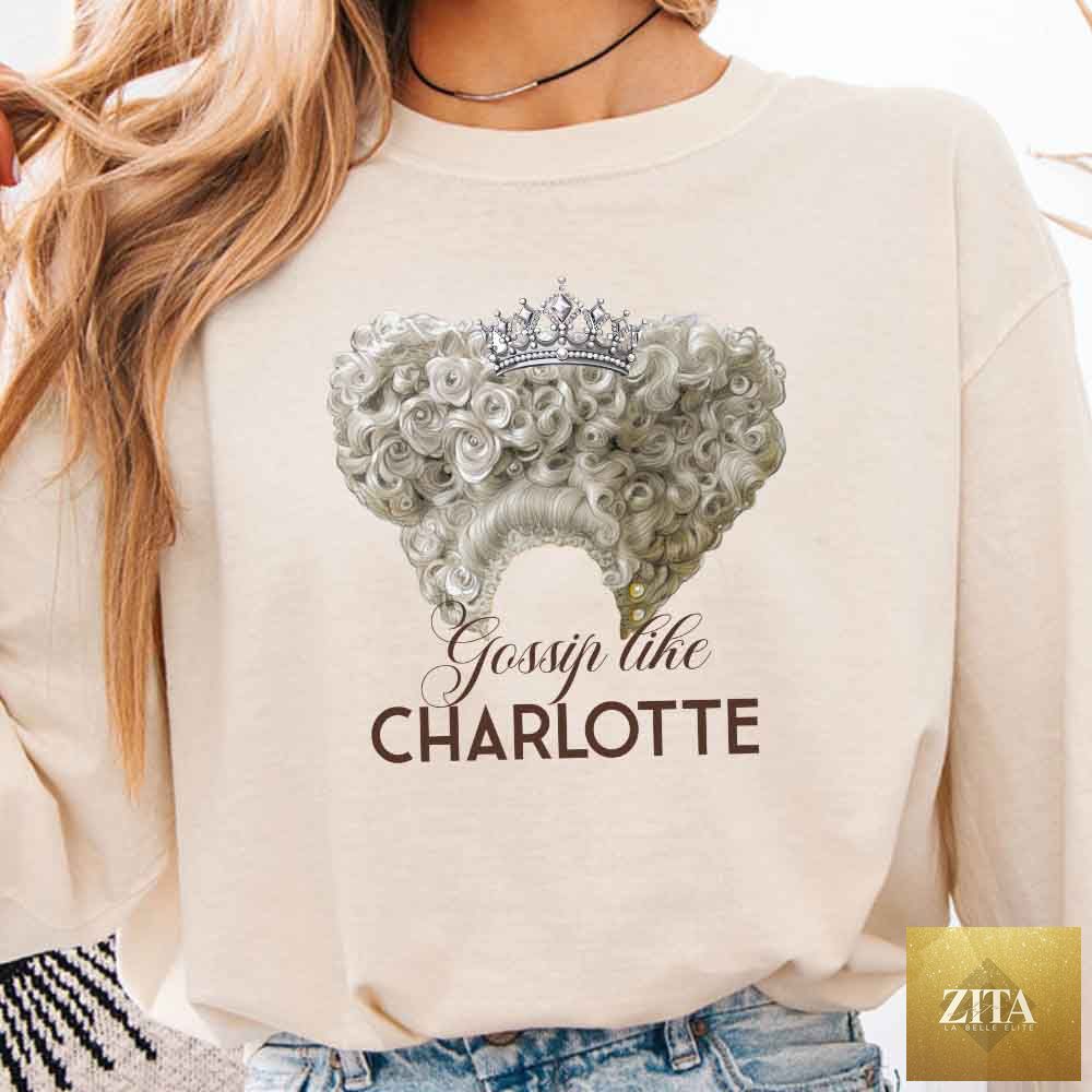 Long sleeve shirt featuring Gossip Like Charlotte design on Comfort Colors fabric, branded by Adorb Custom Tees.