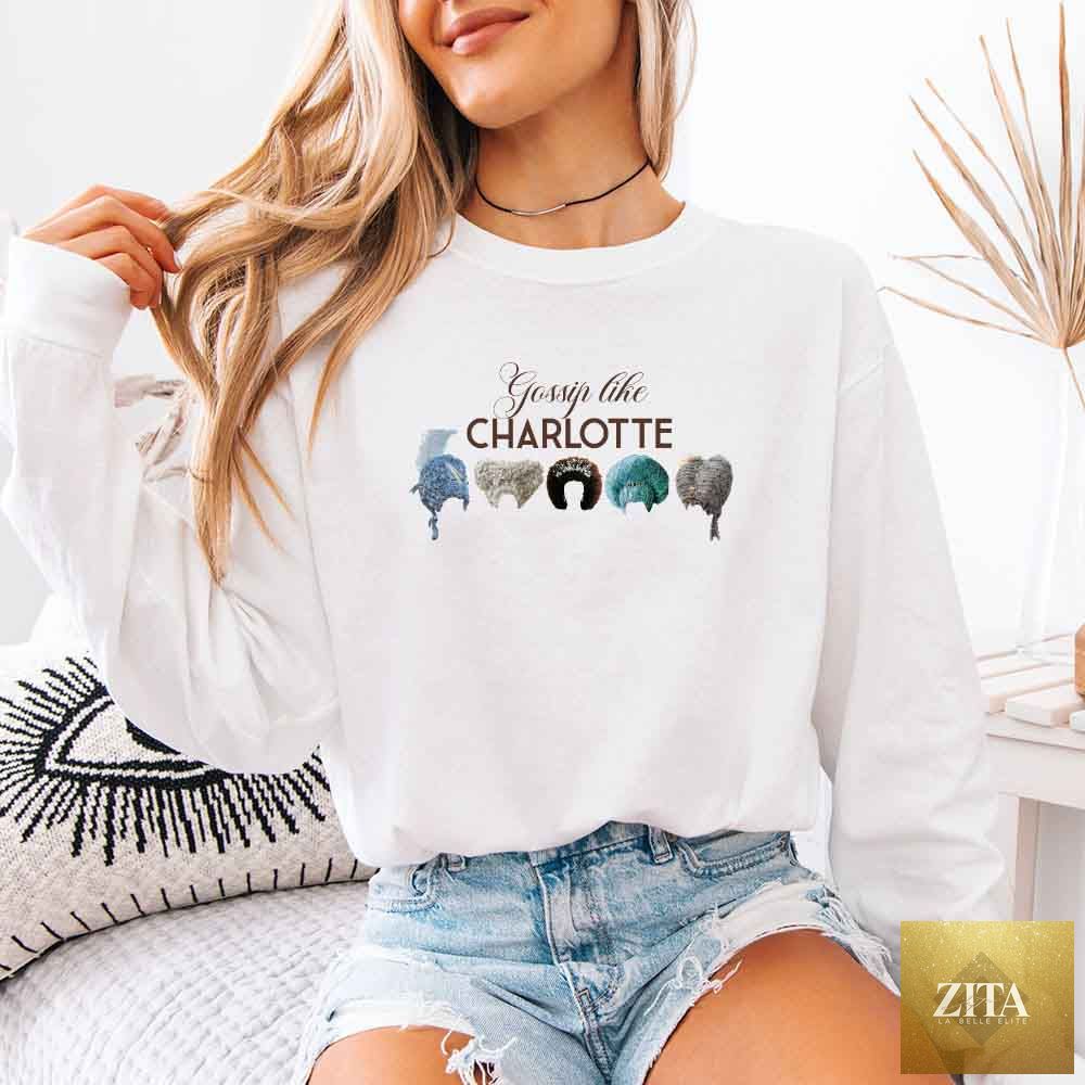White long sleeve T-shirt by Adorb Custom Tees featuring Gossip Like Charlotte Wigs and Comfort Colors design, perfect for BookTok fans.