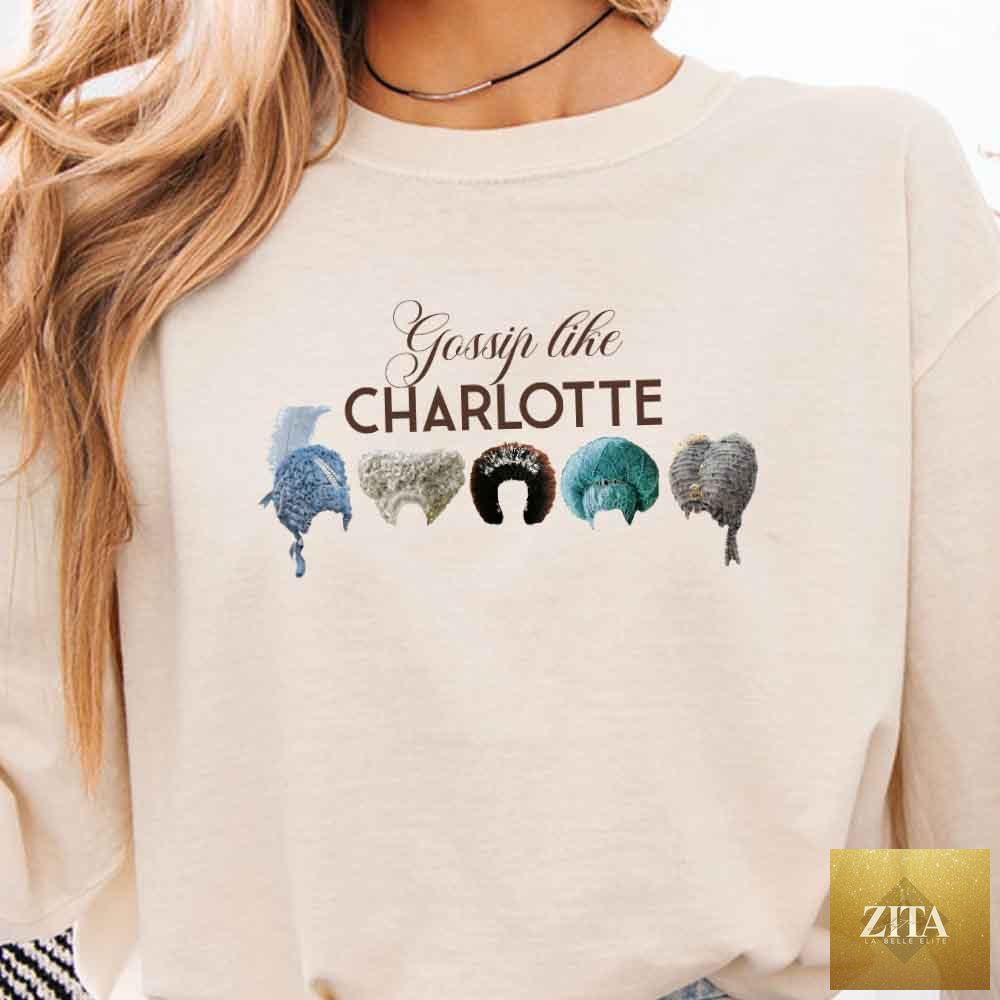 Long sleeve T-shirt featuring Gossip Like Charlotte Wigs design in Comfort Colors, by Adorb Custom Tees, shown in detailed zoom.