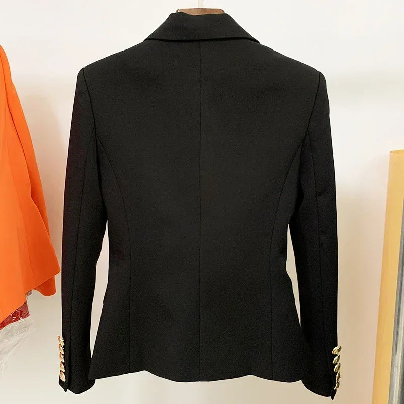 Women's leather blazer by Femstylo with double-breasted design and metal lion buttons, available in sizes S to 5XL.