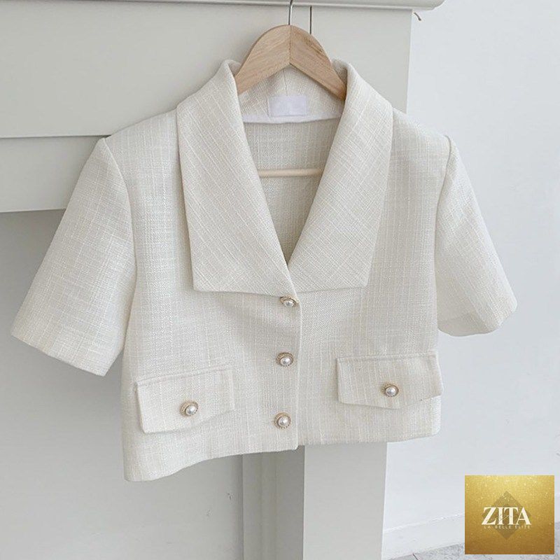 White women's blazer short from nowadaysfashion, summer 2022, loose-fit office jacket, stylish women's summer tops.