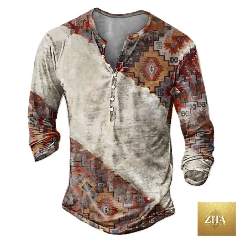 Men's long sleeve T-shirt with skull Henley print by Zita La Belle Elite, featuring a dark, edgy design on soft fabric.
