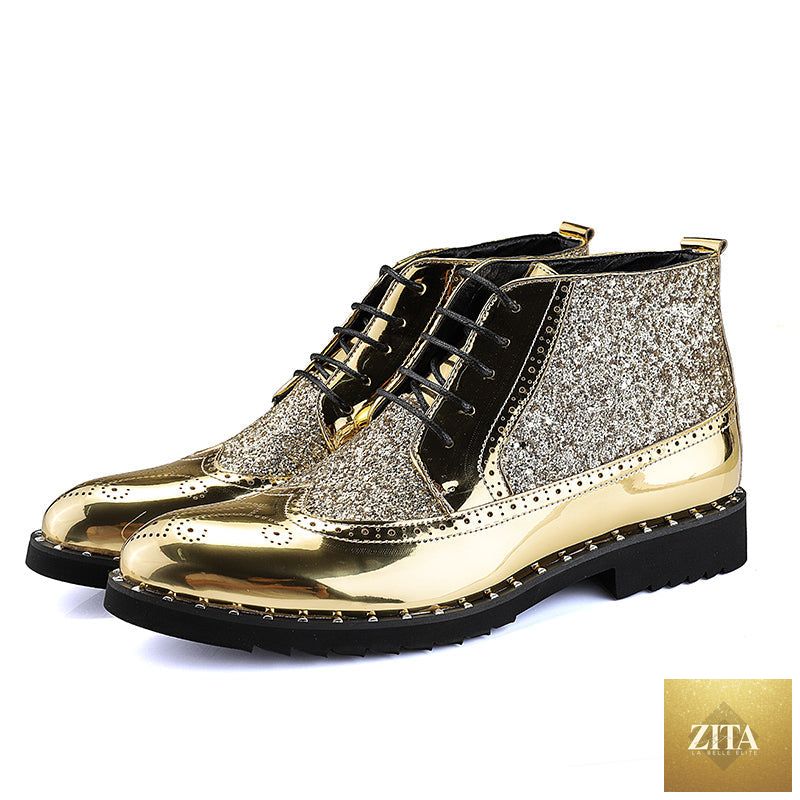 Men's gold wedding dress shoes by donjohnbyvictoriacharles, featuring elegant design and polished finish for formal occasions.