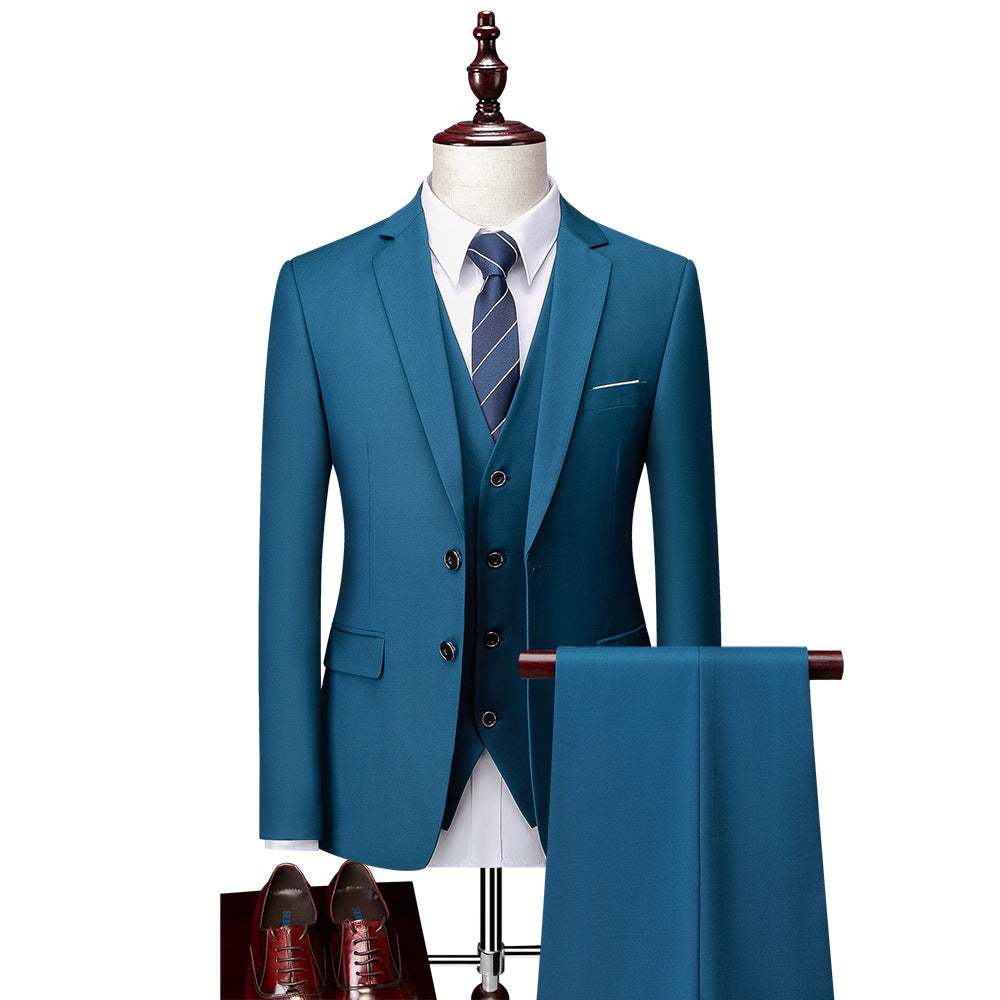 Donjohnbyvictoriacharles men's 3-piece suit with jacket, pants, and vest in classic business formal style, shown on a mannequin.