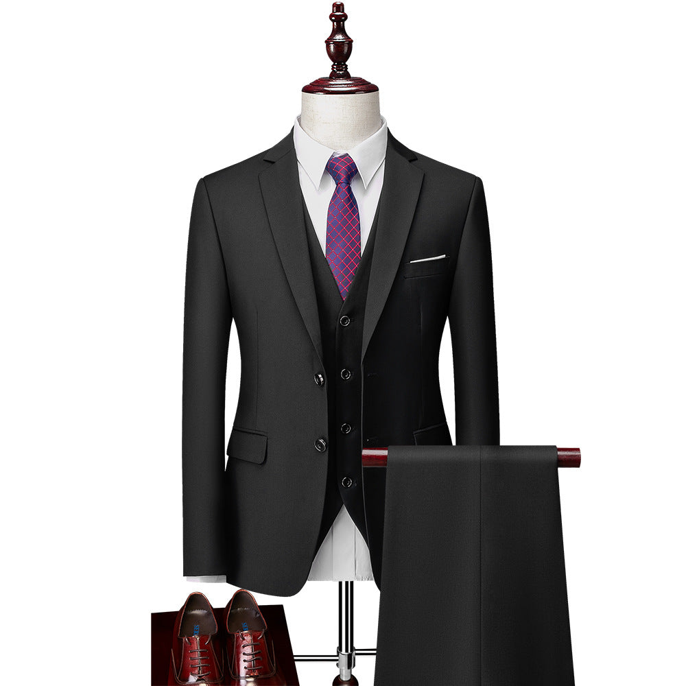 Donjohnbyvictoriacharles men's 3-piece suit with jacket, pants, and vest in formal business style, shown on a hanger.