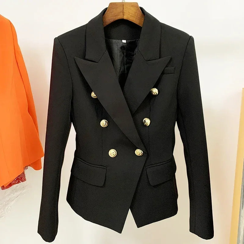 Femstylo women's leather blazer jacket with double-breasted design, metal lion buttons, available in size S to 5XL.