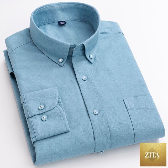 Men's white button-down collar shirt by Zita La Belle Elite made of 100% cotton, displayed on a hanger.
