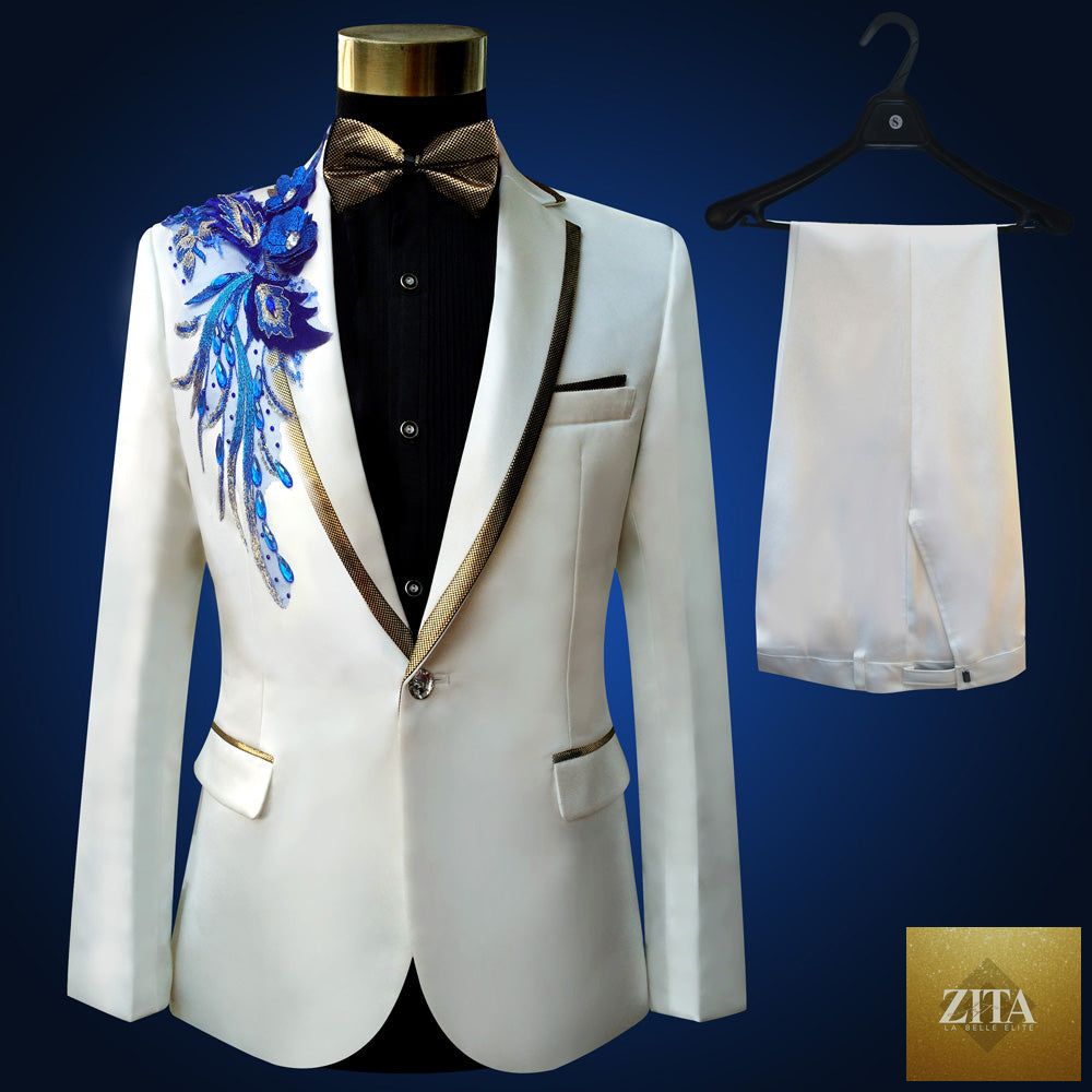 Blue embroidered slim fit men's blazer suit with matching pants, shirt, and tie, designed by donjohnbyvictoriacharles.