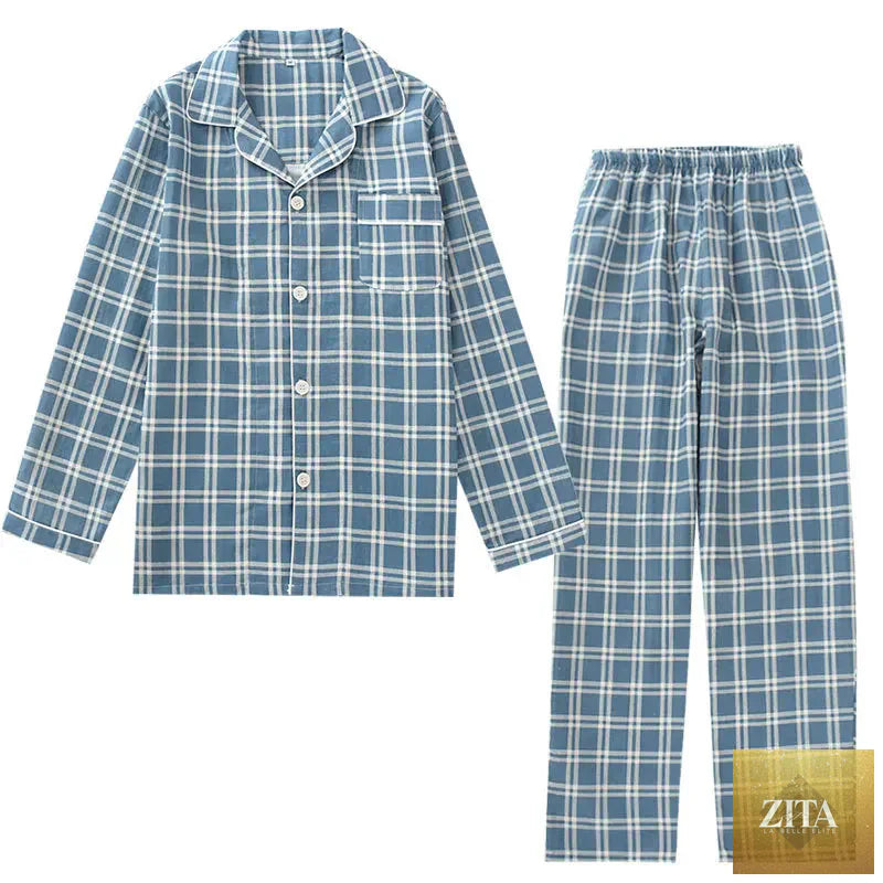 Men's long-sleeved spring and autumn pajamas set by SMinvite, LLC, featuring cotton double gauze fabric and lattice design in large size.