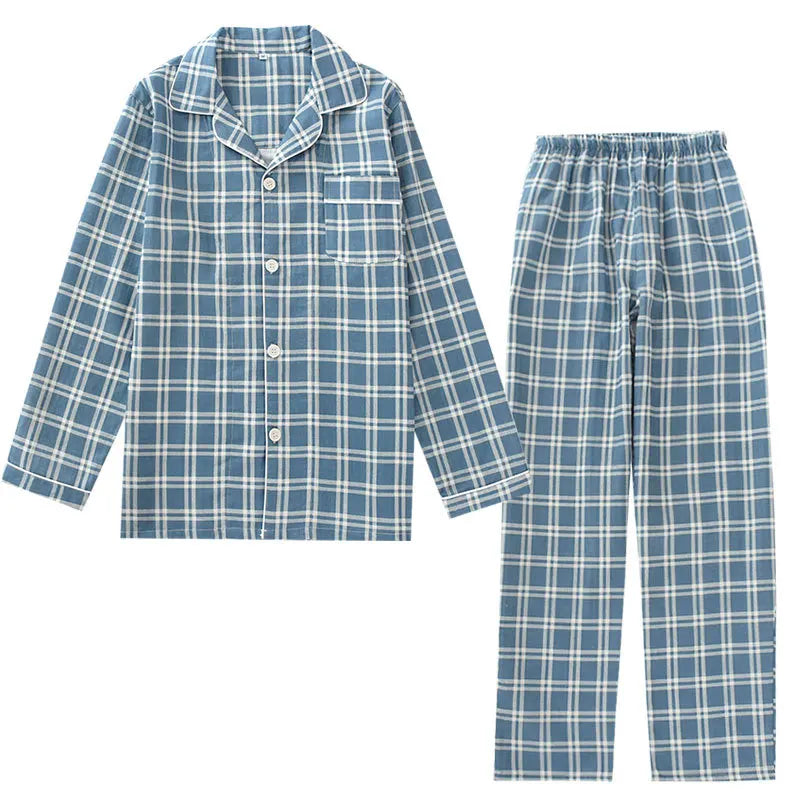 Spring and autumn mens pajamas long-sleeved trousers cotton double gauze lattice large size