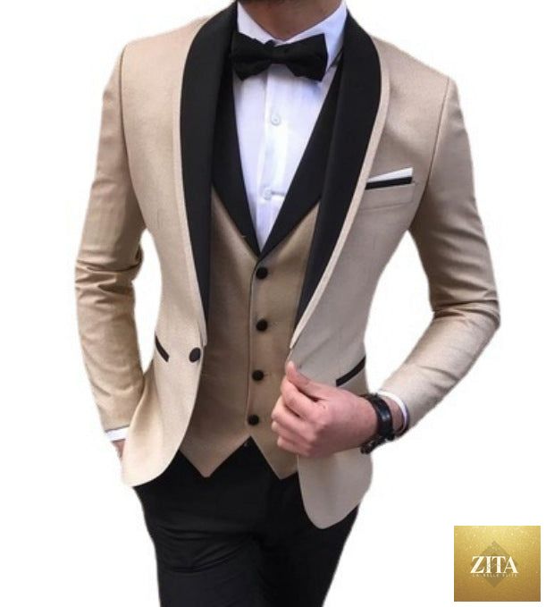 Slim fit men's wedding suit set with three pieces by donjohnbyvictoriacharles, featuring a tailored jacket, vest, and trousers.