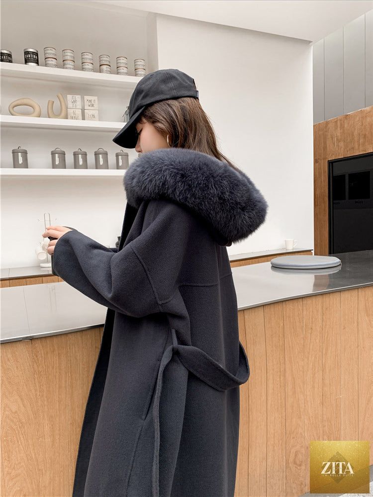 Women's cashmere coat with luxurious fox fur collar, elegant Zita La Belle Elite outerwear for cold weather fashion.