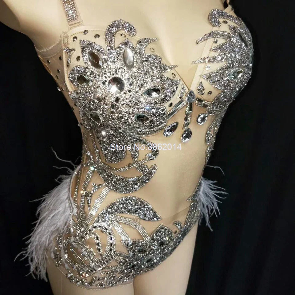 Sparkly Gold Crystals Feather Women Bodysuit