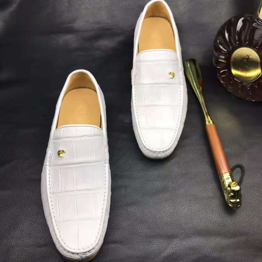 White crocodile leather Don John men's loafers, handmade dress shoes with sleek design and detailed crocodile texture.