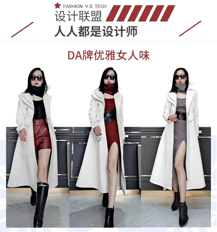 Nerazzurri Spring Runway White Long Leather Trench Coat for Women Long Sleeve Elegant Luxury fashion Womens Coats 2021 Designer ZITA LA BELLE ÉLITE