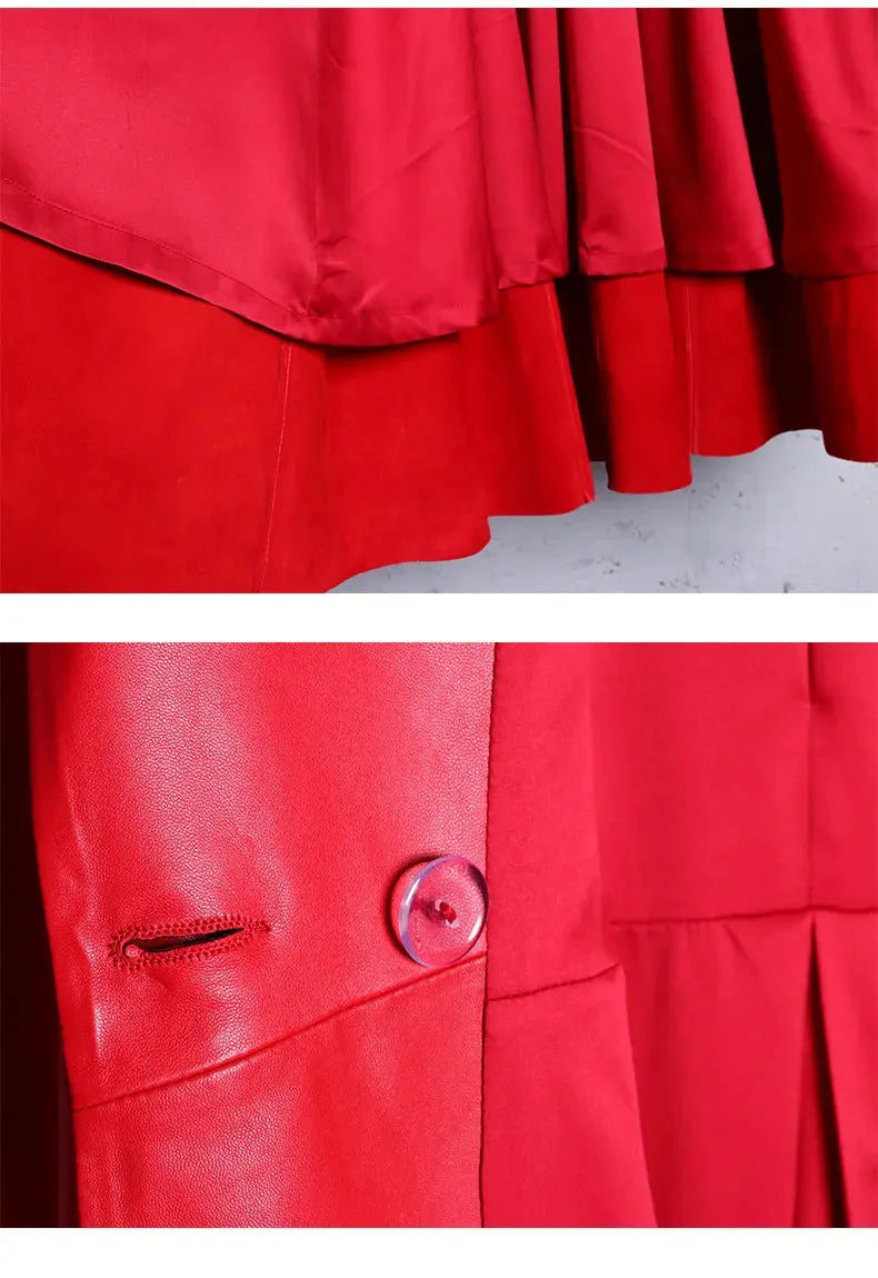 Lautaro Autumn Long Skirted Red Black Faux Leather Trench Coat for Women Double Breasted Elegant Luxury Fashion 4xl 5xl 6xl 7xl ZITA LA BELLE ÉLITE