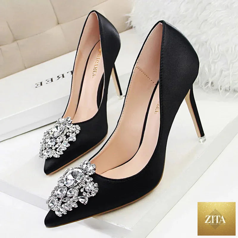 Elegant rhinestone women’s stiletto pumps with high heels, stylish and sexy women shoes by SMinvite, LLC.
