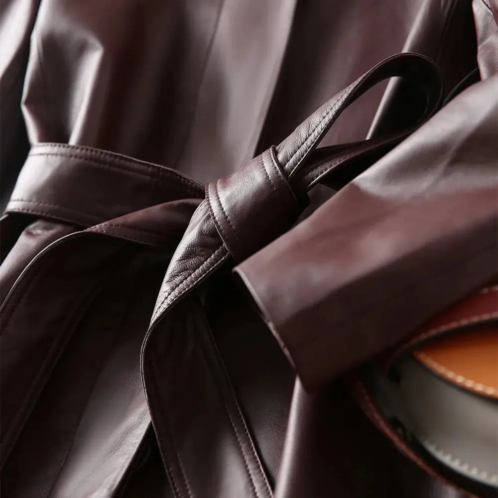 Women's Large Size Leather Coat Lace up Genuine Sheepskin Long Trench Jacket Top for Spring And Autumn ZITA LA BELLE ÉLITE