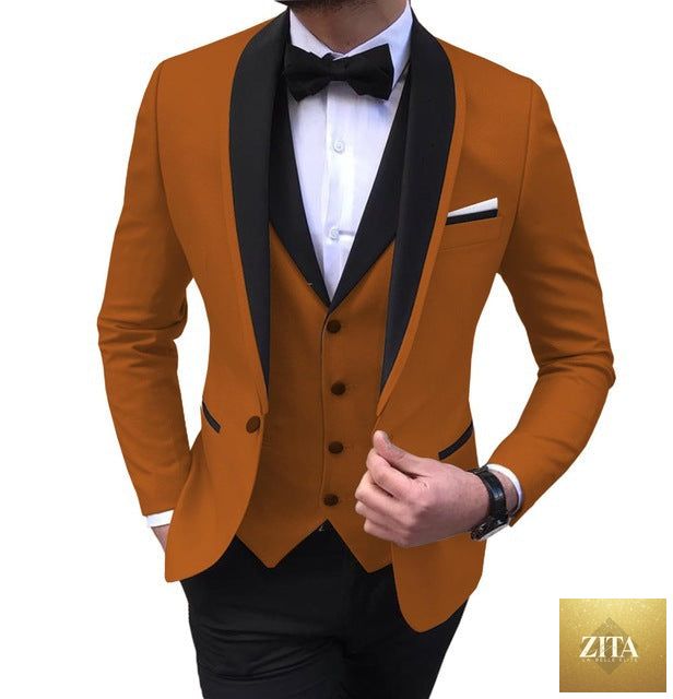 Slim fit men's wedding suit set by donjohnbyvictoriacharles, includes three pieces with tailored jacket, vest, and trousers.
