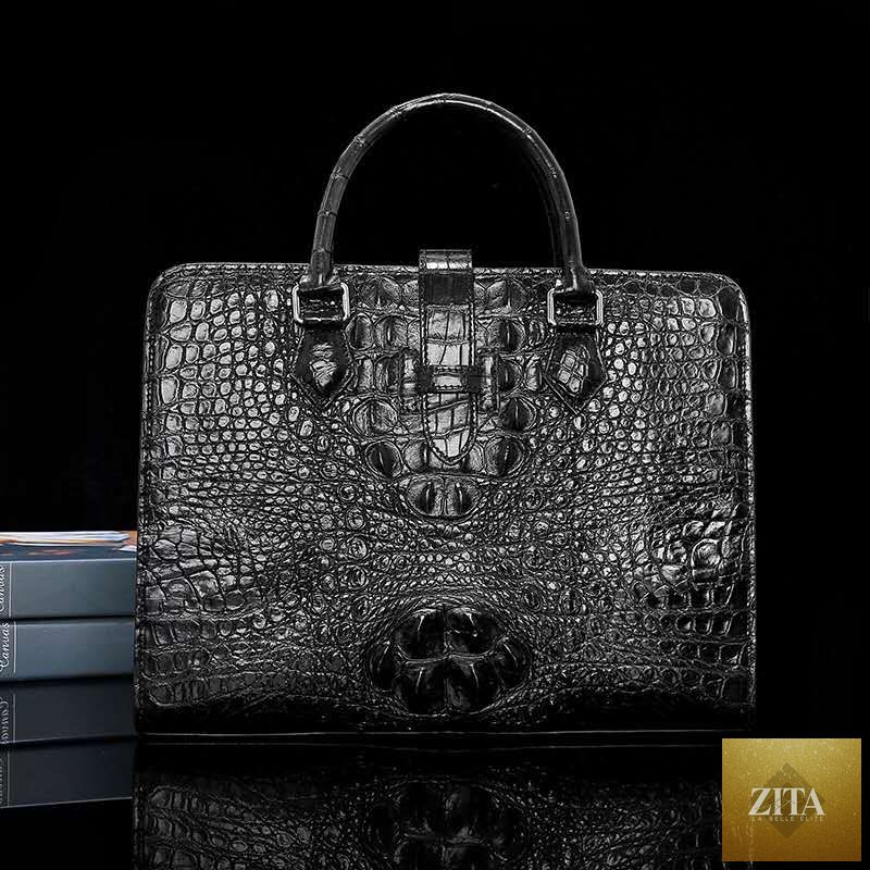 Luxury men's laptop bag in black crocodile leather by donjohnbyvictoriacharles, stylish messenger bag with elegant craftsmanship.