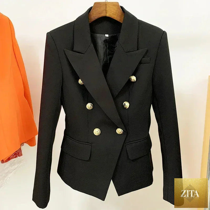 Femstylo women's leather blazer with classic double-breasted design and metal lion buttons, available in sizes S to 5XL.
