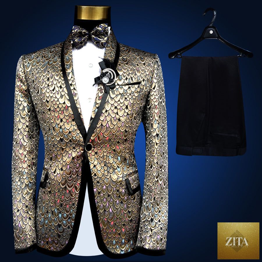 Blue embroidered slim fit blazer from donjohnbyvictoriacharles, part of a 4-piece men's suit set with tailored design.