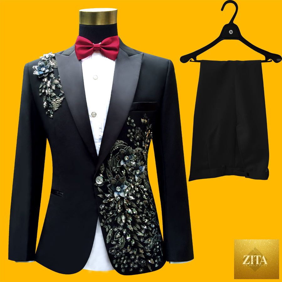 Blue embroidered slim fit men's blazer from donjohnbyvictoriacharles, part of a 4-piece suit, shown with detailed embroidery and tailored fit.