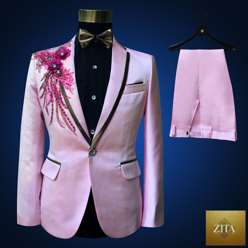 Blue embroidered slim fit men's blazer from a 4-piece suit, tailored fit, with detailed embroidery, by donjohnbyvictoriacharles.