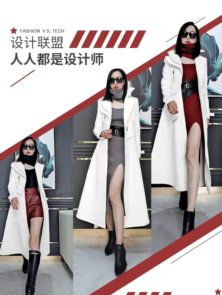 Nerazzurri Spring Runway White Long Leather Trench Coat for Women Long Sleeve Elegant Luxury fashion Womens Coats 2021 Designer ZITA LA BELLE ÉLITE