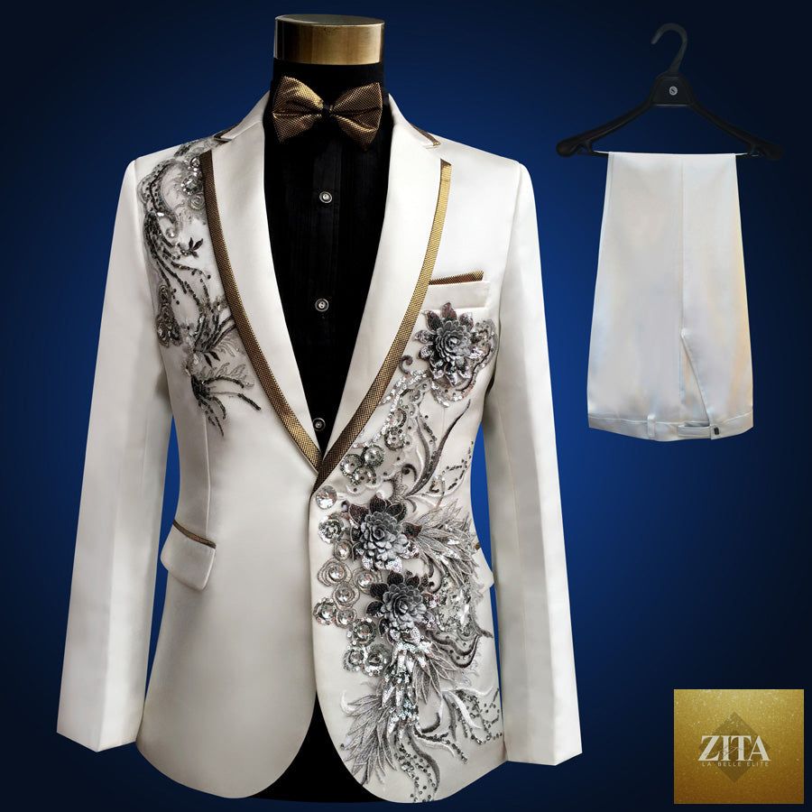 Blue embroidered slim fit blazer from donjohnbyvictoriacharles, part of a men's 4-piece suit, shown on a hanger.
