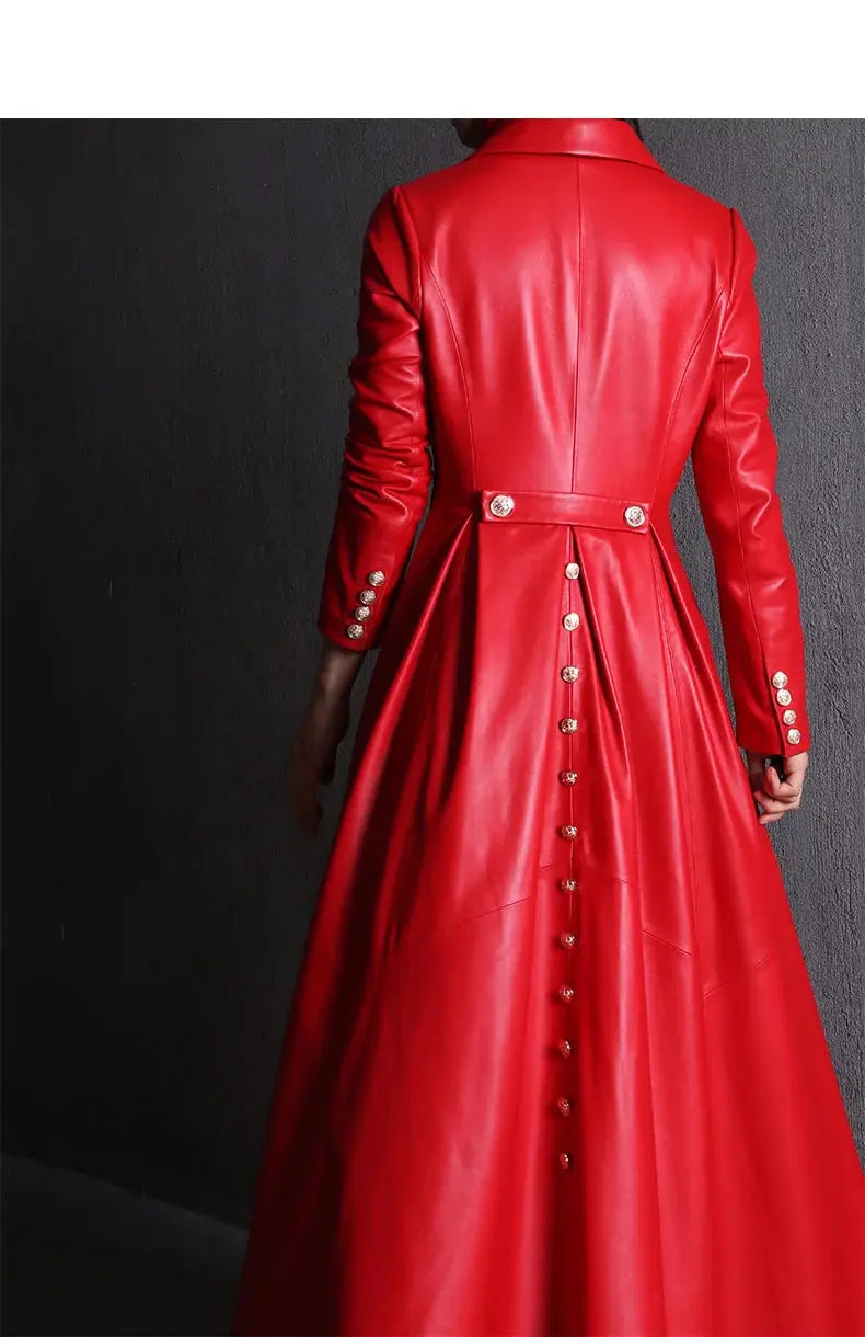 Lautaro Autumn Long Skirted Red Black Faux Leather Trench Coat for Women Double Breasted Elegant Luxury Fashion 4xl 5xl 6xl 7xl ZITA LA BELLE ÉLITE