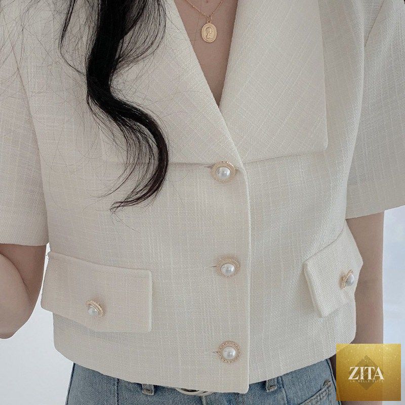 White women's blazer short, summer 2022 loose fit jacket from nowadaysfashion, suitable for office and casual wear.