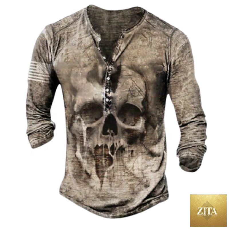 Men's long sleeve T-shirt with skull Henley print by Zita La Belle Elite, featuring a graphic skull design on the front.