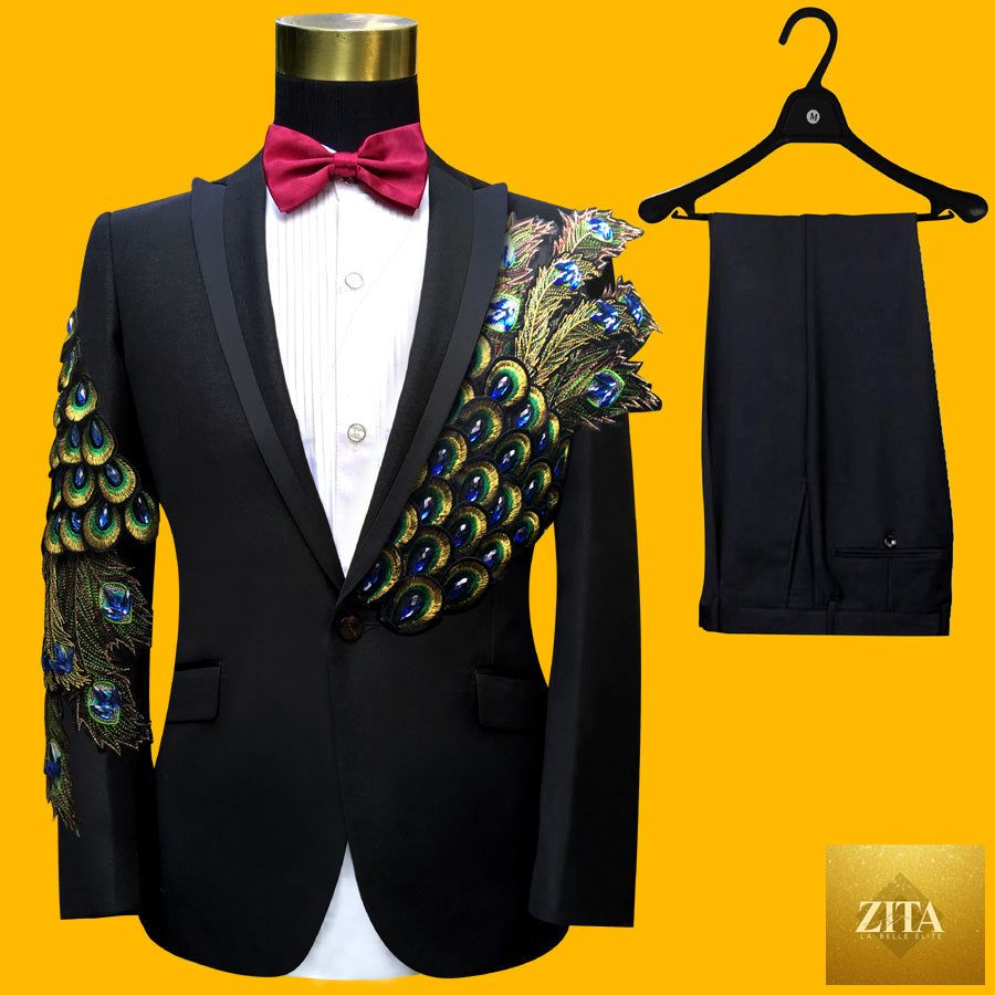 Blue embroidered slim fit men's blazer from donjohnbyvictoriacharles, part of a 4-piece suit, shown on a hanger.