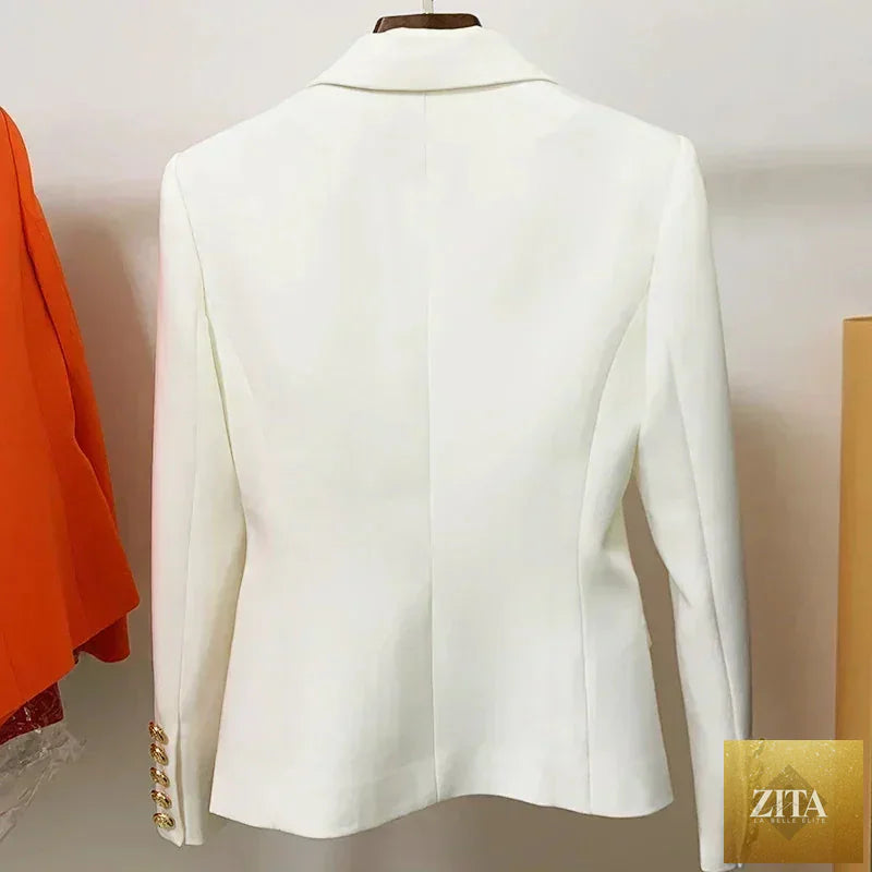 Female leather blazer by Femstylo featuring double-breasted design, metal lion buttons, in size S to 5XL, stylish and high-quality.