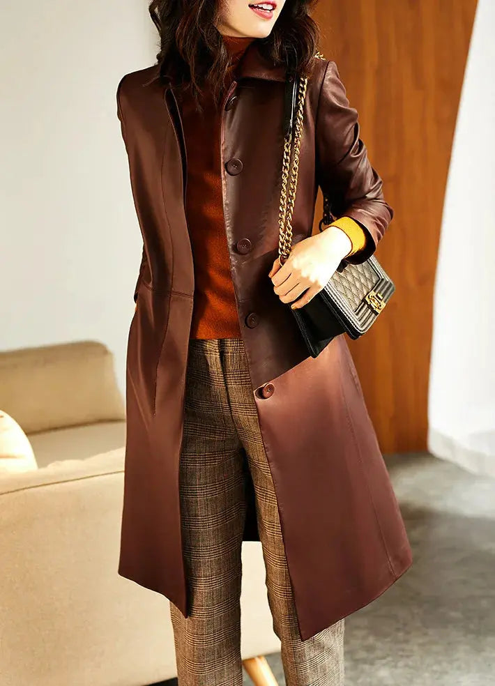 Women's Large Size Leather Coat Lace up Genuine Sheepskin Long Trench Jacket Top for Spring And Autumn ZITA LA BELLE ÉLITE