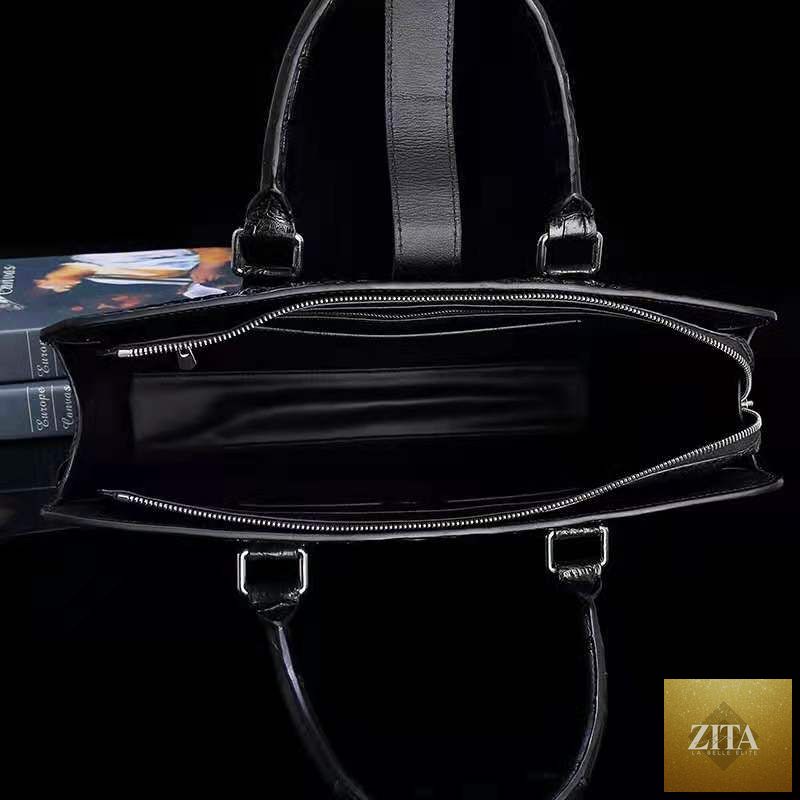 Luxury black men's laptop bag by DonJohnByVictoriaCharles, genuine crocodile leather messenger bag with sleek design