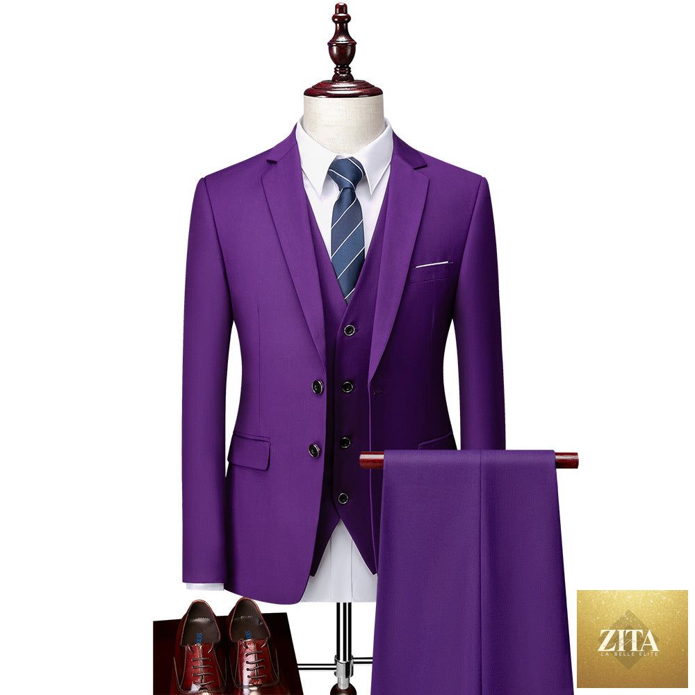 Men's Zita La Belle Elite 3-piece suit with jacket, pants, and vest, perfect for formal business attire, displayed on a hanger.