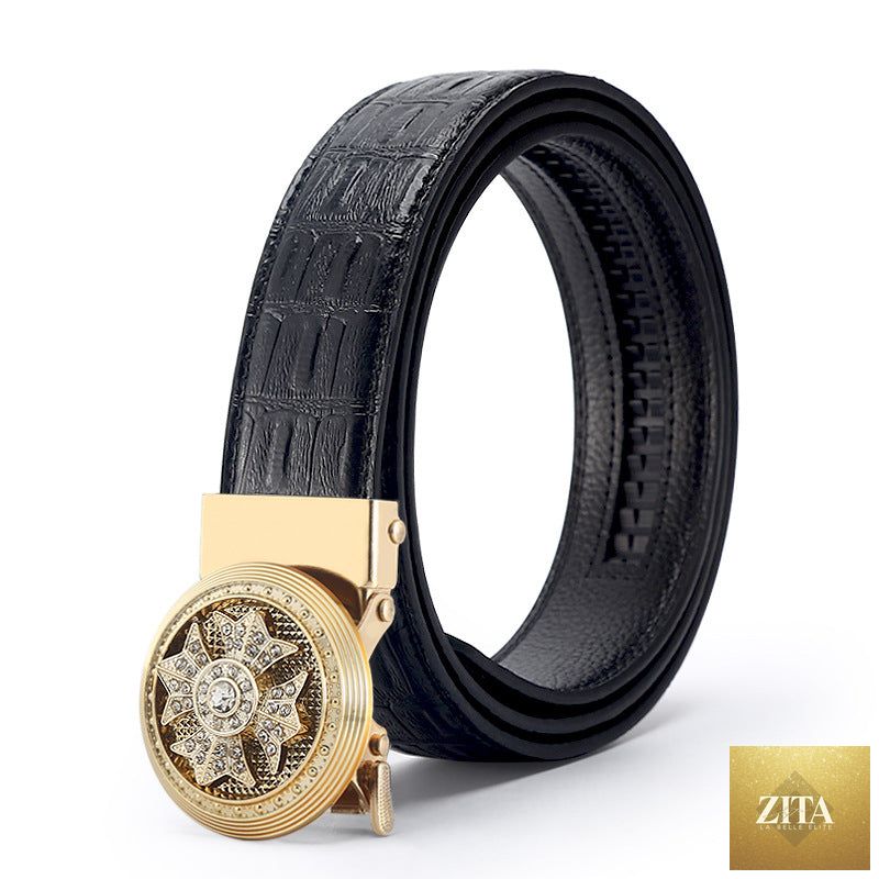 Leather cowhide belt for men by Zita La Belle Elite, featuring a classic buckle and textured dark brown finish.