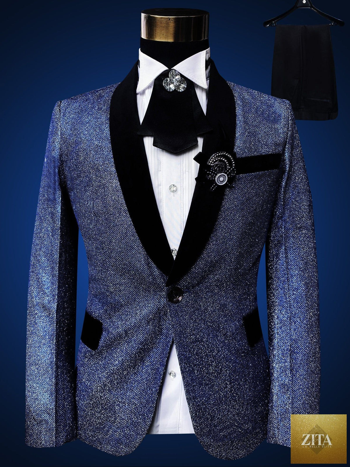 Blue embroidered slim fit men's blazer from donjohnbyvictoriacharles, part of a 4-piece suit set, shown with tailored design details.