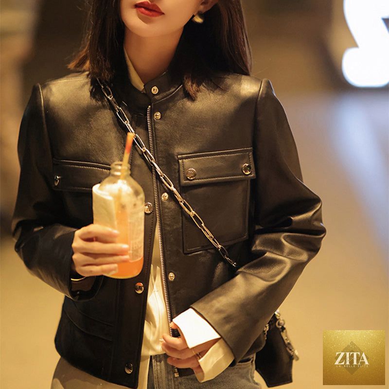Black women's sheepskin leather jacket by Zita La Belle Elite, showcasing a stylish fitted design with a smooth leather finish.