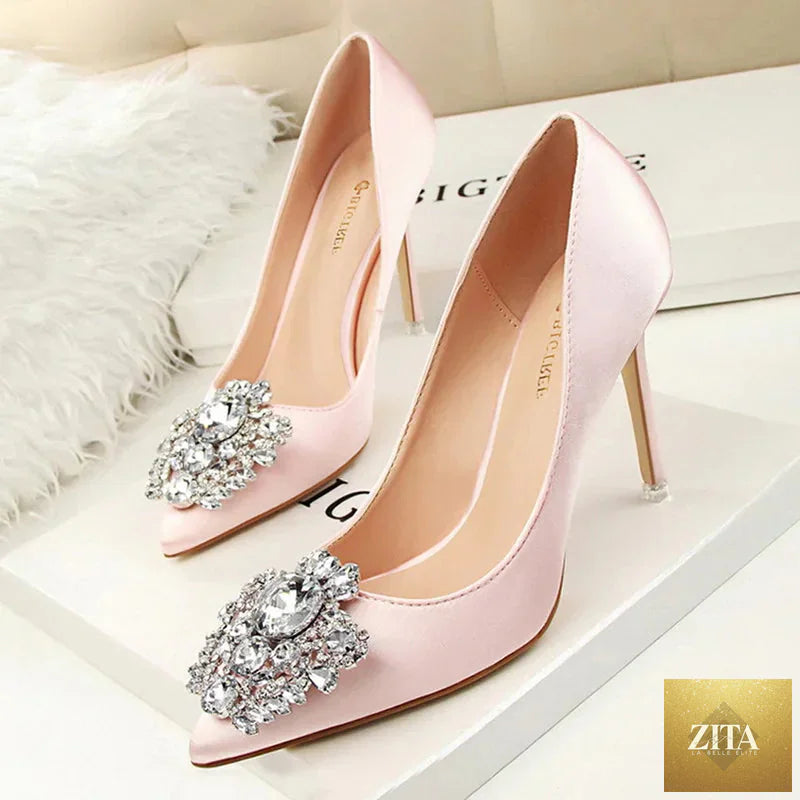 Rhinestone women’s stiletto pumps with high heels, stylish and sexy women’s shoes by SMinvite, LLC, featuring sparkling embellishments.