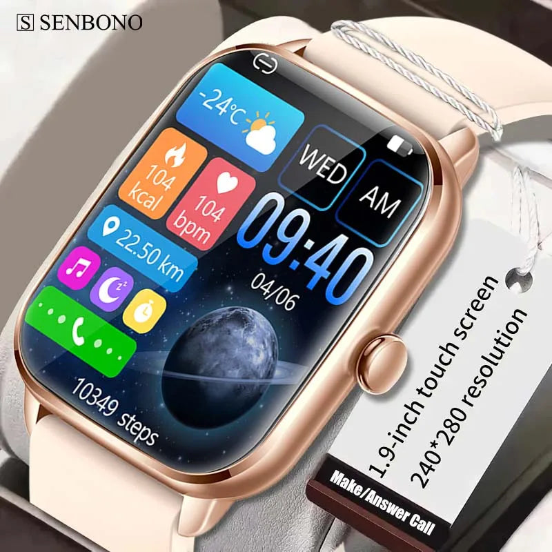 SENBONO KT65 Smart Watch Men Women 1.9'' BT Call Custom Dial Smart Pear Poppy