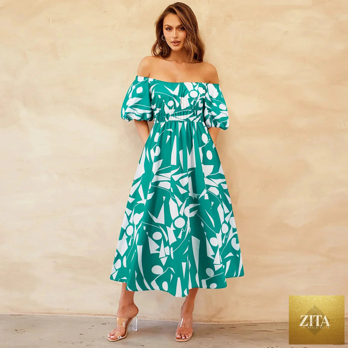 Women’s bohemian maxi dress with off-shoulder bubble sleeves and printed design, featuring a relaxed, flowy silhouette.