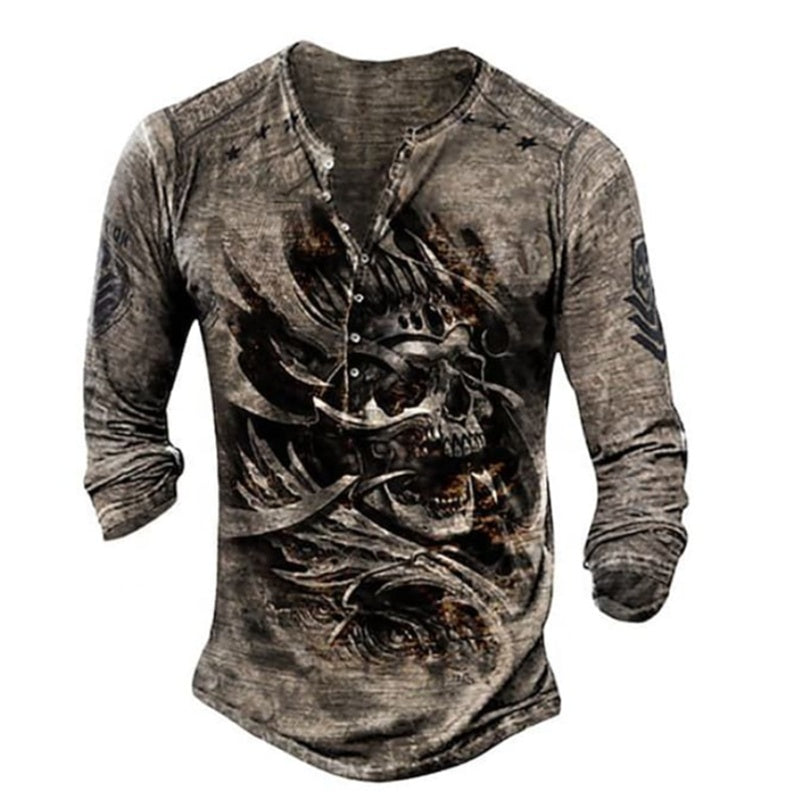 Skull Henley Print Long Sleeve Tshirts Men's